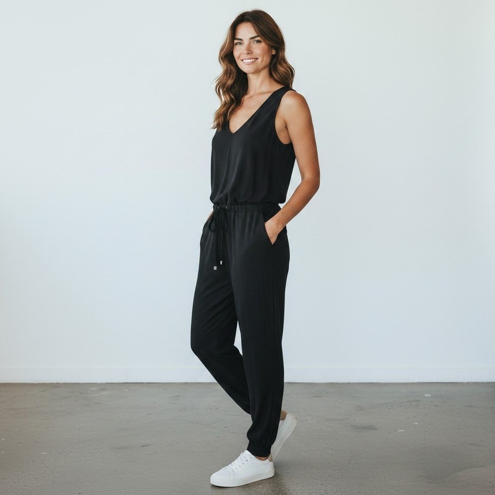 Kyodan Outdoor Black Sleeveless‎ V Neck Drawstring Waist Jumpsuit Sz P/S